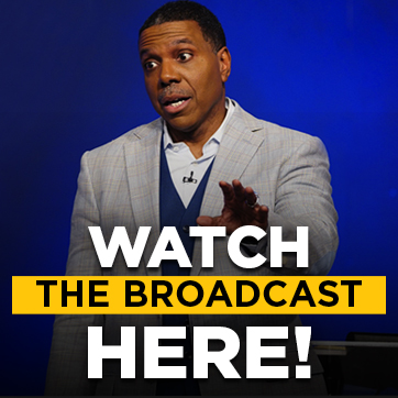 Creflo Dollar holding out hand with words “WATCH THE BROADCAST HERE!