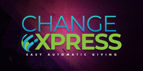 purple abstract background with the words 'Change Express Easy Automatic Giving'