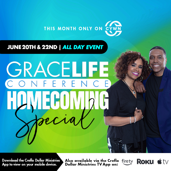 Digital poster with words “GRACE LIFE CONFERENCE SPECIAL ALL DAY EVENT” and Creflo and Taffi Dollar smiling together