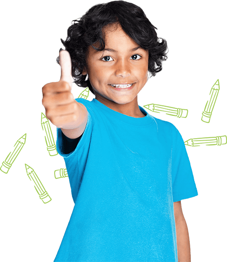 A young boy earing a blue shirt holding thumbs up